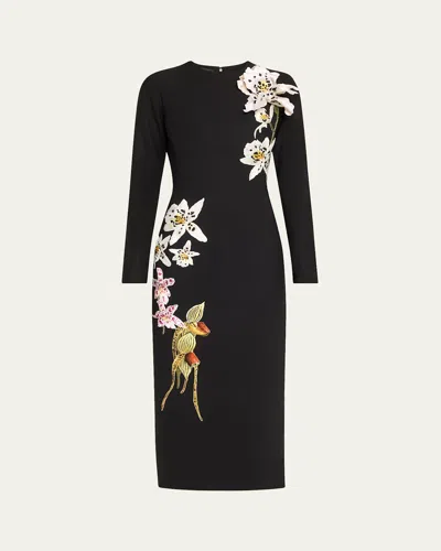 Oscar De La Renta Orchid Crystal-threadwork Midi Dress In Black