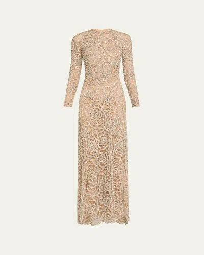 Oscar De La Renta Crystal Rose Cut Out Long Sleeve Gown In Silver