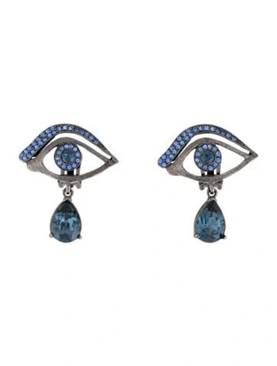 Pre-owned Oscar De La Renta Crystal Seeing Eye Clip-on Drop Earrings In Blue