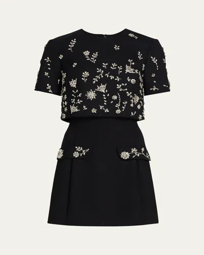 Oscar De La Renta Crystal Short-sleeve Bolero Mini Dress In Black