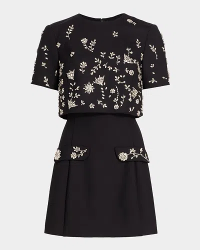 Oscar De La Renta Crystal Short-sleeve Bolero Mini Dress In Black