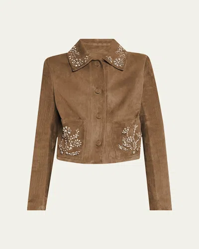 Oscar De La Renta Crystal Suede Jacket In Brown