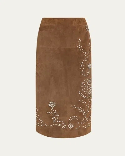 Oscar De La Renta Crystal Suede Pencil Skirt In Brown