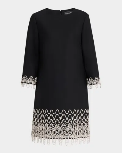 Oscar De La Renta Long Sleeve Wave Embroidered Hem Cocktail Dress In Multi