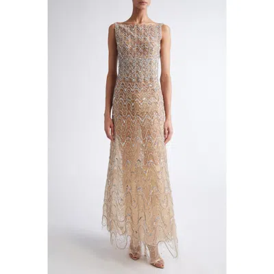 Oscar De La Renta Crystal Wave Embroidered Sleeveless Gown In Multi