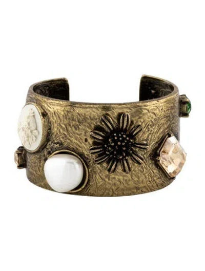 Pre-owned Oscar De La Renta Cuff With Found Objects' Bracelet, 6.75" In Green/neutrals/white