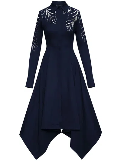 Oscar De La Renta Pleated Lattice-trimmed Cotton-blend Poplin Midi Shirt Dress In Blue