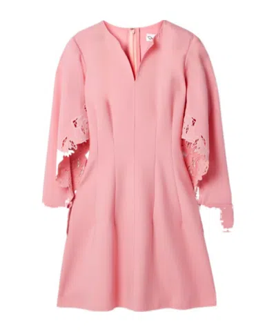 Oscar De La Renta Cutout Guipure Lace-trimmed Wool-blend Crepe Mini Dress In Pink