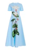 Oscar De La Renta Cyclamen Printed Cotton-poplin Midi Dress In Blue