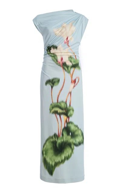 Oscar De La Renta Cyclamen Printed Off-the-shoulder Midi Dress In Blue