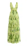 Oscar De La Renta Cyclamen Printed Pleated Silk-chiffon Gown In Green