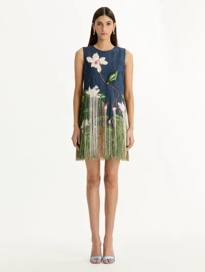 Oscar De La Renta Cyclamen Threadwork Stretch-denim Cocktail Dress In Blue