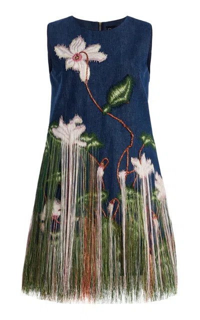 Oscar De La Renta Cyclamen Threadwork Stretch-denim Cocktail Dress In Blue