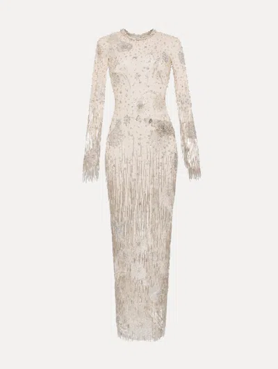 Oscar De La Renta Dandelion Crystal Embroidered Tulle Gown In Silver