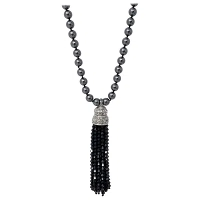 Pre-owned Oscar De La Renta Dark Metallic Bead And Black & Clear Crystal Tassel Necklace