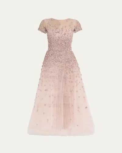 Oscar De La Renta Degrade Crystal Cap-sleeve Midi Cocktail Dress In Pink