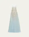 Oscar De La Renta Mother Of Pearl Embroidered Sleeveless Tulle Gown In Blue