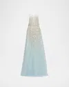 Oscar De La Renta Mother Of Pearl Embroidered Sleeveless Tulle Gown In Blue