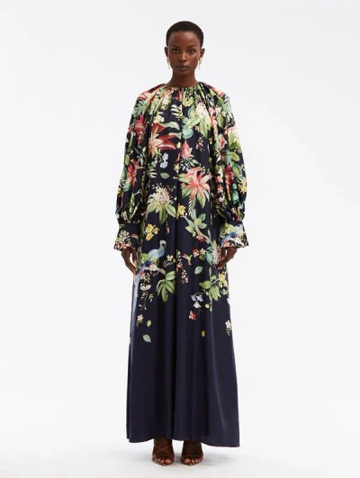 Oscar De La Renta Flora & Fauna-print Silk Kaftan Maxi Dress In Navy Multi