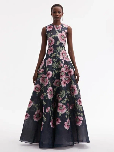 Oscar De La Renta Floral Fil Coupe Gown In Navy/pink