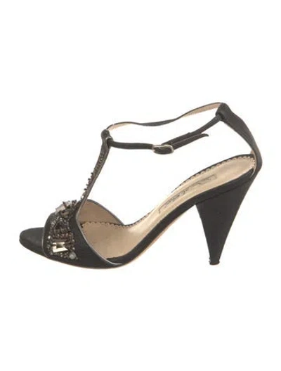 Pre-owned Oscar De La Renta Denim Crystal Embellishments T-strap Pumps In Blue