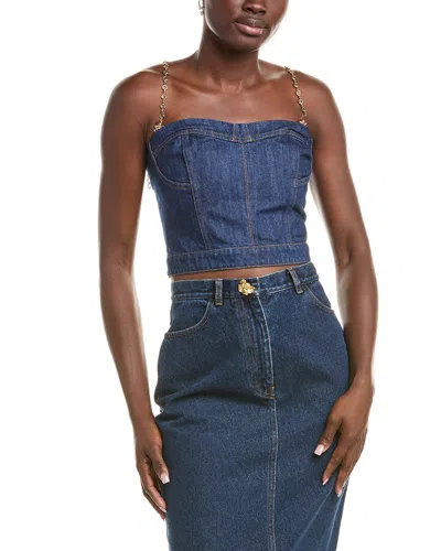 Oscar De La Renta Jewelled-strap Denim Bustier Top In Medium Wash