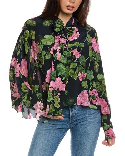 Oscar De La Renta Floral Tie-neck Silk Blouse In Pink