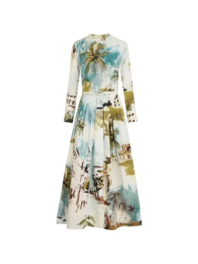 Oscar De La Renta Dominican Landscape Cotton Poplin Short-sleeve Dress In Multi