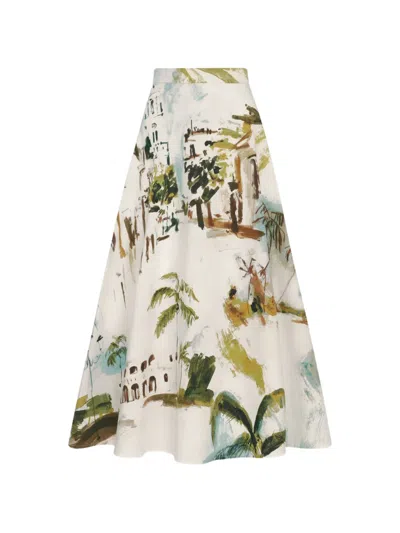 Oscar De La Renta Dominican Landscape Cotton Poplin Skirt In Multi