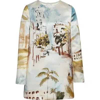Oscar De La Renta Dominican Landscape Long Sleeve Minidress In Multi