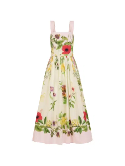 Oscar De La Renta Sleeveless Chine Floral Print Pleated Midi Dress With Belt In White