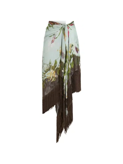 Oscar De La Renta Dominican Mixed-floral Fringe Skirt In Green