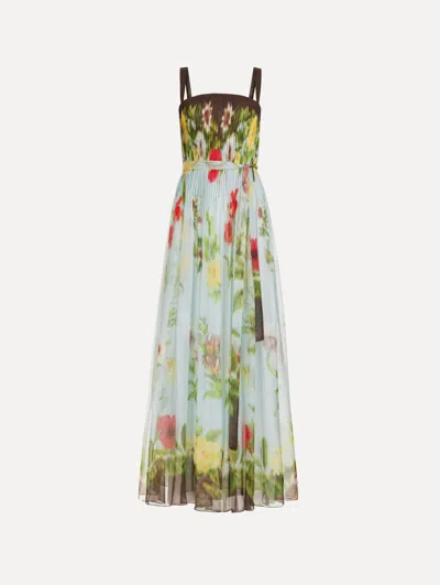 Oscar De La Renta Dominican Mixed-floral Silk Chiffon Gown In Blue