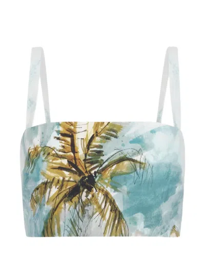 Oscar De La Renta Dominican-landscape Cotton Poplin Cropped Blouse In Blue