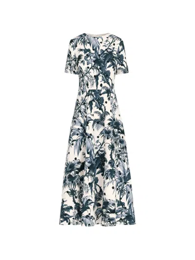 Oscar De La Renta Dotted Palm Leaves Cotton Poplin Short-sleeve Dress In Multi