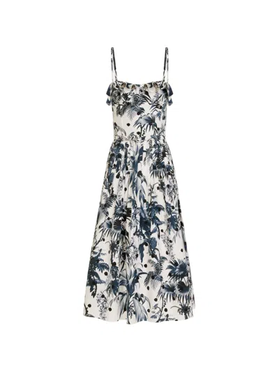 Oscar De La Renta Dotted Palm Leaves Cotton Poplin Sleeveless Dress In Neutral