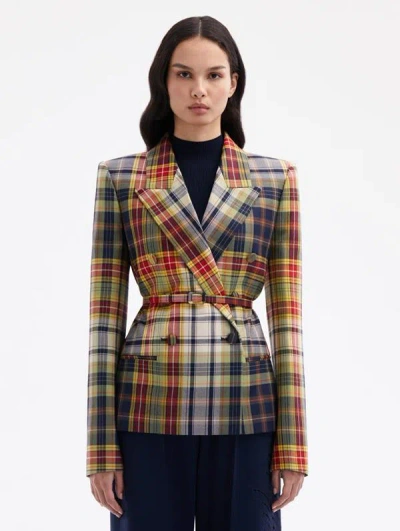 Oscar De La Renta Double Breasted Plaid Jacket In Navy Multi