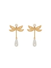 Oscar De La Renta Double Wing Dragonfly Pewter And Pearl Earrings In Gold