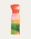 Oscar De La Renta Draped Abstract Watercolor Jersey Dress In Vermilion Multi
