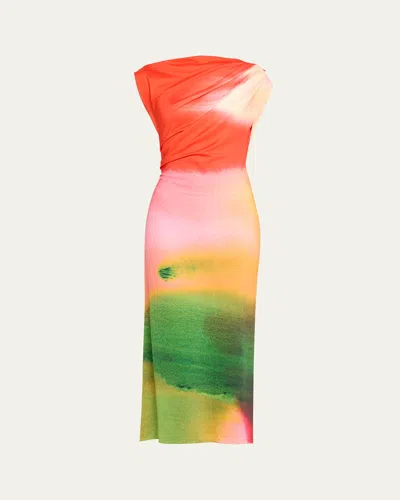 OSCAR DE LA RENTA DRAPED ABSTRACT WATERCOLOR JERSEY DRESS