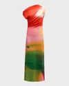 Oscar De La Renta Draped Abstract Watercolor Jersey Dress In Vermilion Multi
