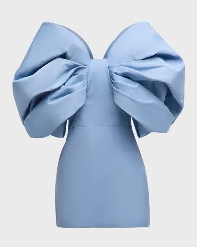 Oscar De La Renta Draped Bow-sleeve Mini Dress With Train In Powder Blue