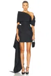 Oscar De La Renta Asymmetric Drape Cascade Detail Satin Dress In Black