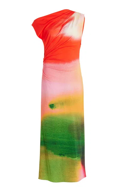 Oscar De La Renta Abstract Watercolor One Shoulder Jersey Midi Dress In Multi