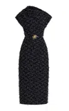 Oscar De La Renta Draped Eyelash Tweed Midi Dress In Dark Navy