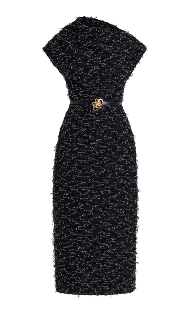 Oscar De La Renta Draped Eyelash Tweed Midi Dress In Dark Navy
