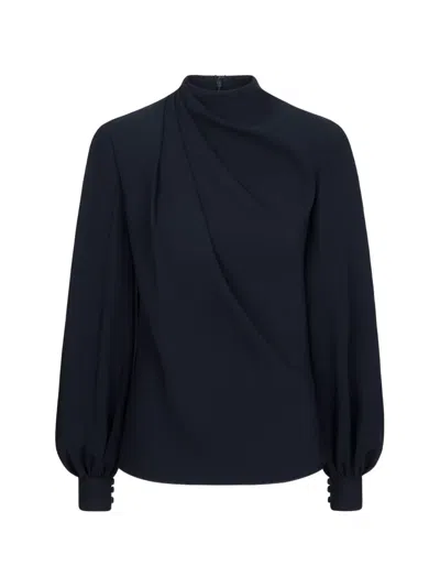 Oscar De La Renta Draped Georgette Blouse In Blue