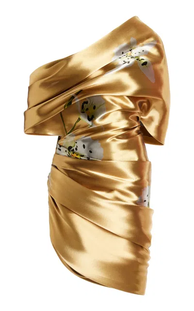 Oscar De La Renta Draped Metal Orchids Mini Dress In Gold