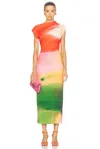 Oscar De La Renta Draped Abstract Watercolor Jersey Dress In Vermilion Multi