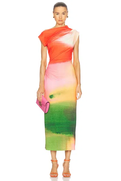 Oscar De La Renta Draped Abstract Watercolor Jersey Dress In Vermilion Multi